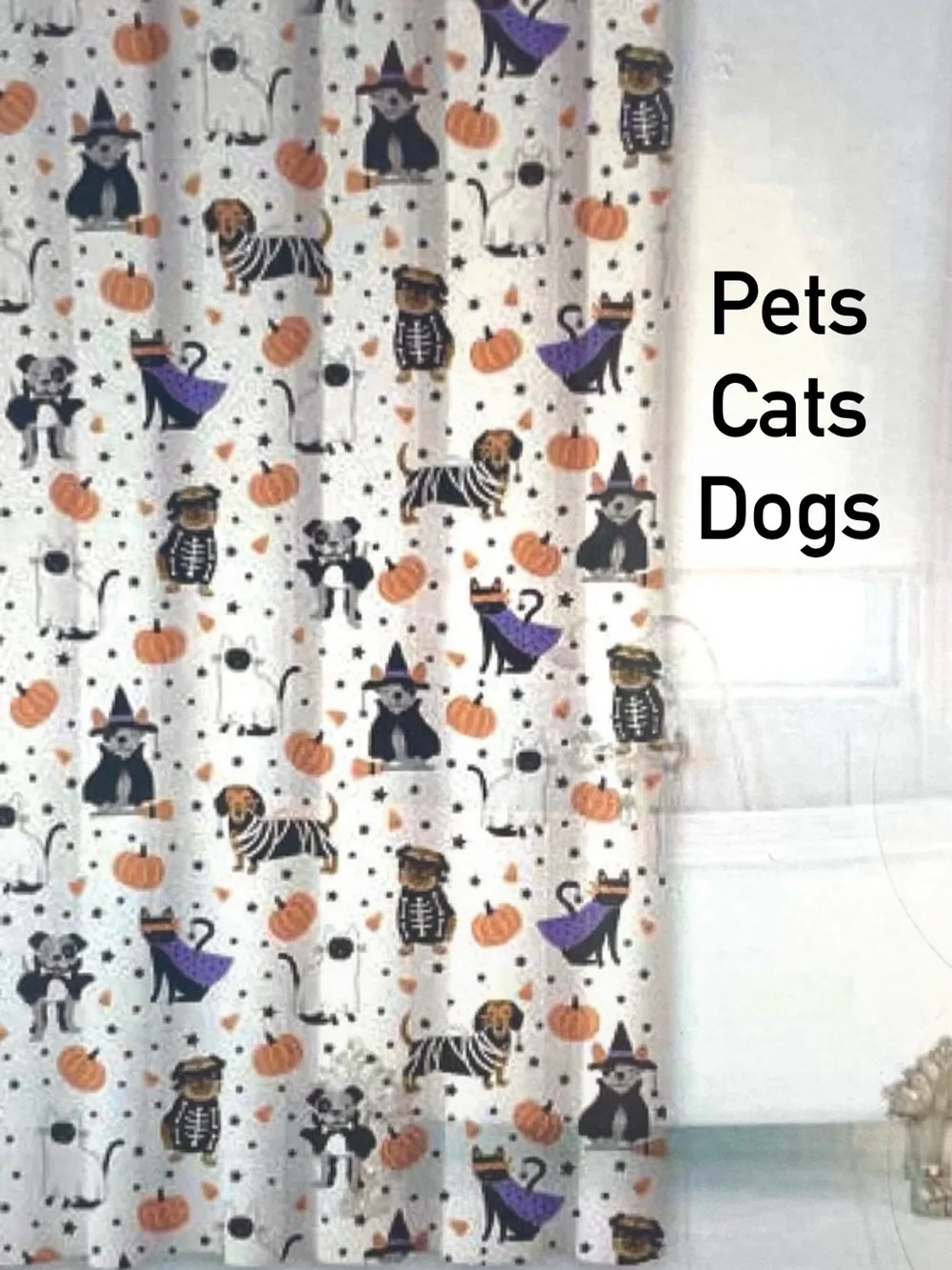 Halloween Cats & Dogs Trick or Treating Costumes PEVA Shower Curtain Pet Fun New